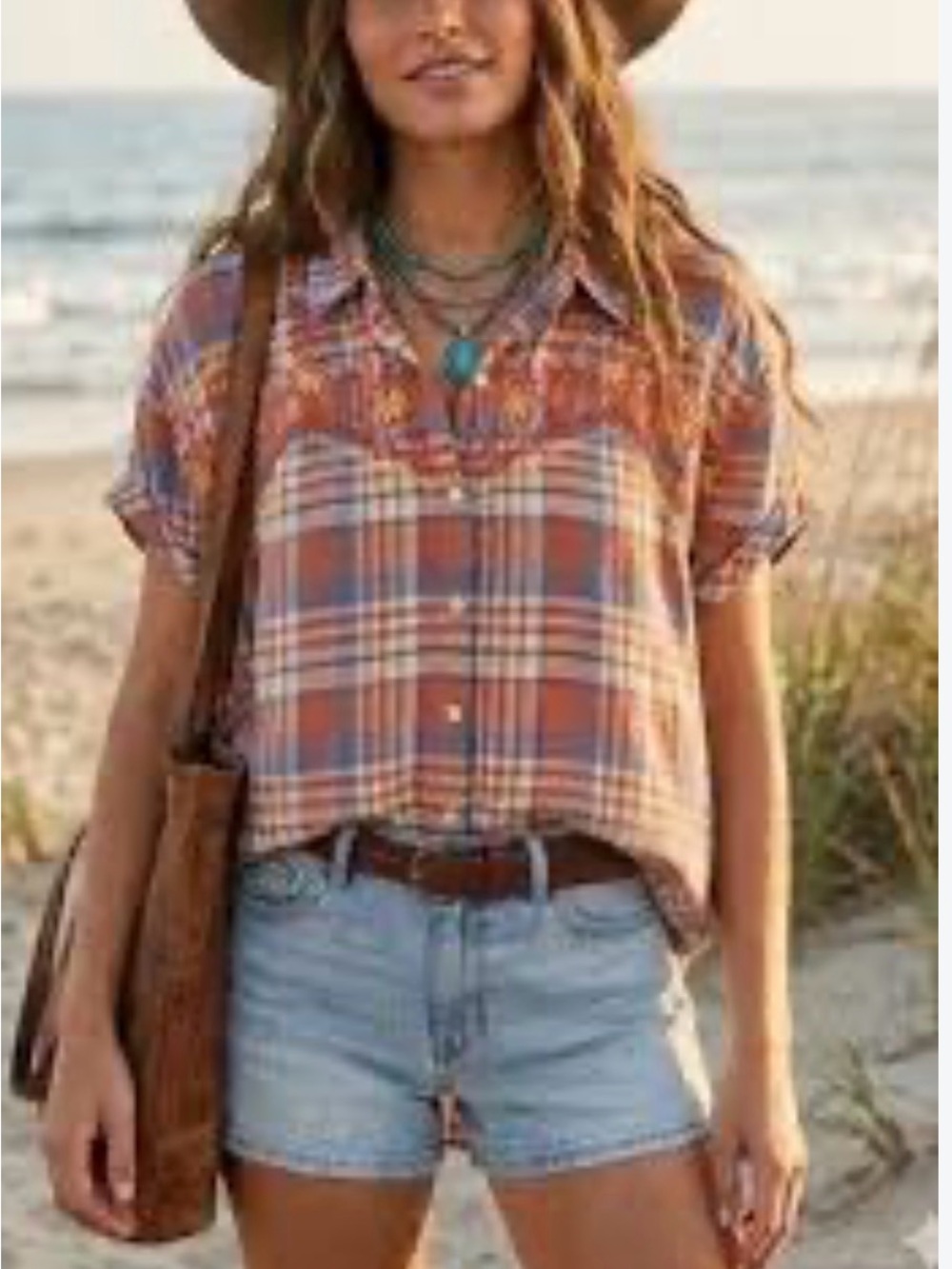Skies Are Blue Brown and Blue Plaid Button-Down Shirt with Floral Embroidery Med